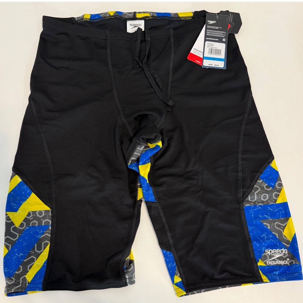 Speedo shorts swim men's 36 Endurance+ Jammer Sapphire Gold Black drawstring NWT